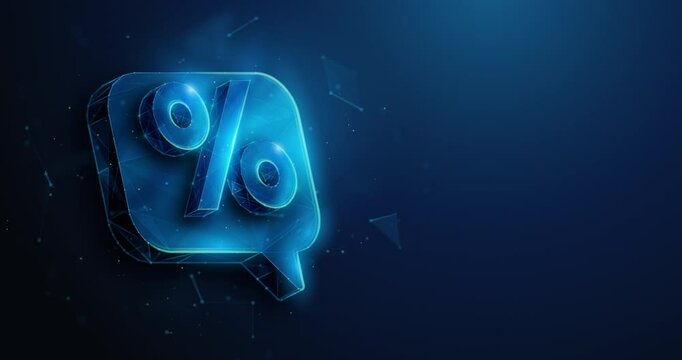 Abstract animated low poly percent symbol over chat bubble promotion message. Consumerism, online shopping, investment strategy concept by wireframe mesh. 4K looped motion graphic on blue background