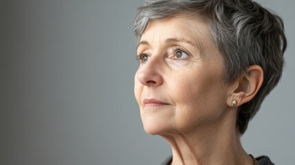 Fototapeta premium Close-up of a European elderly woman with short grey hair, minimalist light grey background, soft focus on her face.