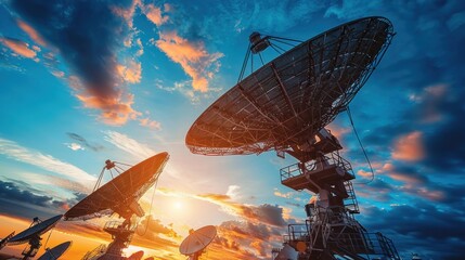 A close-up view of a ground station with large satellite dishes transmitting data, showcasing the critical role of ground infrastructure in managing satellite communication systems