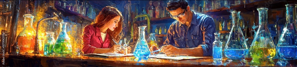 Poster scientists conduct experiment in laboratory setting