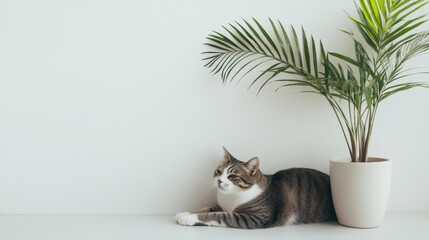cat playing near a plant in a bright room with white walls, soft daylight
