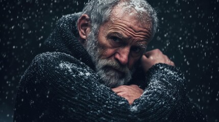 Elderly man with a beard in a dark sweater hugging himself while standing in a snowstorm, with snow falling around him, intense expression, dark winter background