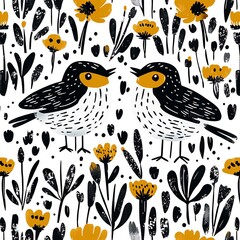 Obraz premium Birds and plant elements, Scandinavian style, folk art