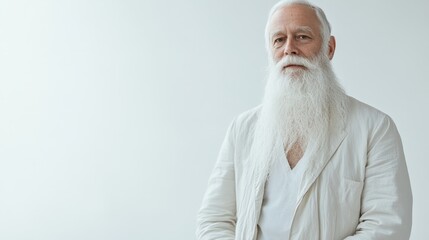 Elderly man with a long white beard in a light jacket, standing in a minimalist white space illuminated by direct light,
