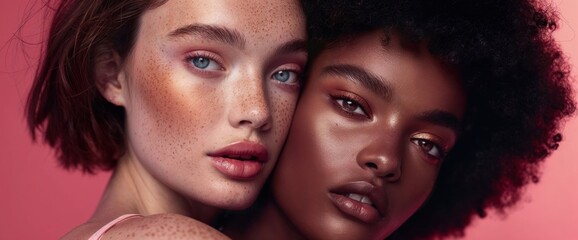 Obraz premium Beauty portrait of two diverse models, one with freckles and blue eyes, another with afro hair, both wearing natural makeup against pink background in professional photoshoot