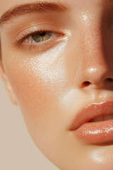 Beauty shot of a Caucasian woman with clean, glowing skin and natural makeup, highlighting healthy, moisturized skin.
