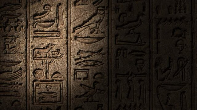 Light spot moving on ancient egypt hieroglyphics carving on wall of temple, 4k
