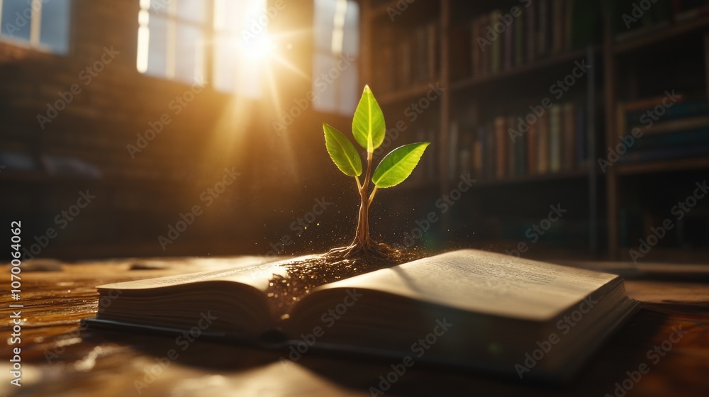 Poster a seedling grows from an open book in sunlit room