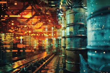 Futuristic industrial setting with barrels on conveyor belts and digital interfaces overlayed.