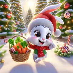Cute Christmas Bunny with Carrots: Festive Holiday Stock Photo