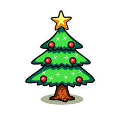 A festive cartoon Christmas tree illustration with red ornaments, decorative sparkles, a yellow star on top, and a wooden trunk