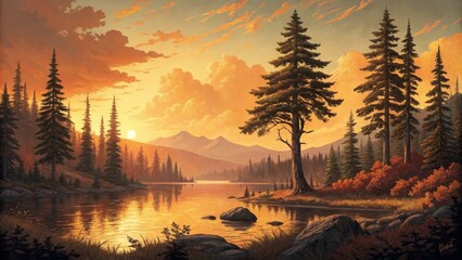 Fototapeta premium Serene Sunset Landscape: Golden Hour Over a Mountain Lake