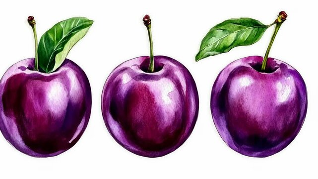 Three ripe plums with green leaves are shown in a watercolor painting