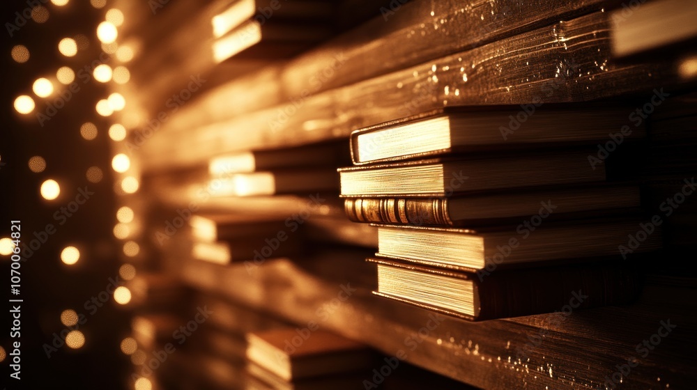 Poster discover the timeless charm of stacked books on a shelf