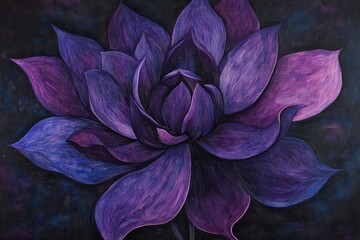 A violet flower with deep purples and blues, each petal curling in lines against a dramatic, dark background