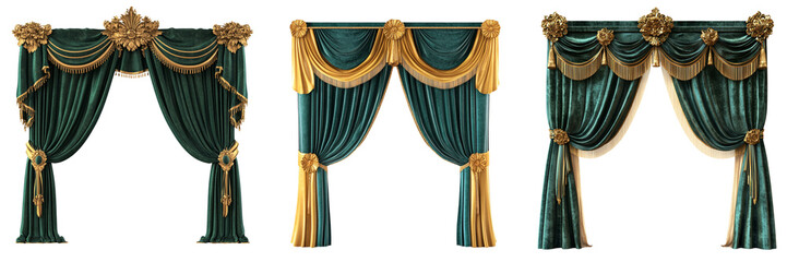 Set of green and gold curtain of performance stage isolated on a transparent background