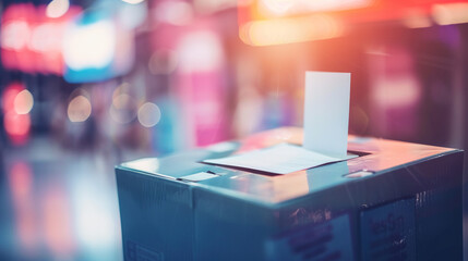   Hand pressing voting ballot button on electronic voting machine in modern polling station, highlighting democratic process and civic duty. 