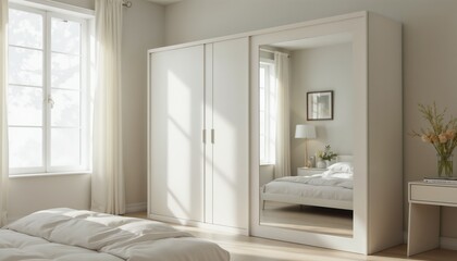 Modern bedroom interior with white mirrored wardrobe and mirror reflecting soft bedding and décor