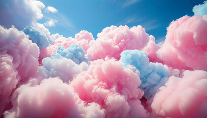 Fototapeta premium Pink and blue cotton candy clouds creating a dreamy and surreal landscape against a bright blue sky