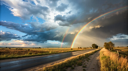 Double rainbow over country road after storm, vibrant landscape


