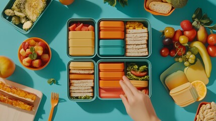 Woman arranging lunchboxes colorful food sandwiches fruits snacks preparation. AI generated