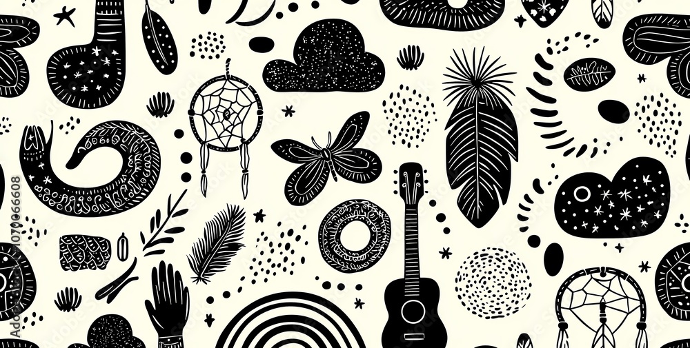 Poster seamless celestial pattern set, black-white boho symbols seamless pattern