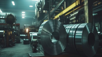 Industrial warehouse interior with stacked metal coils and machinery in the background.