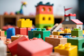 Naklejka premium Close up of colorful plastic building blocks. Construction and development concept.