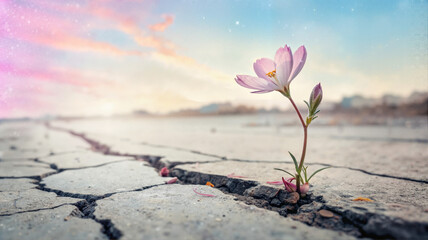 Pink flower growing through cracked concrete, symbolizing resilience

