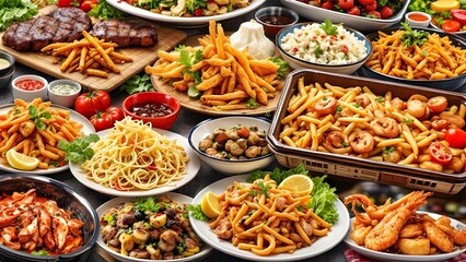 Obraz premium Abundant Food Buffet: Steak, Pasta, Seafood, and Fries