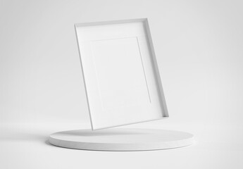 Blank photo frame mockup floating over wooden podium display. Picture framing on pedestal platform 3d rendering
