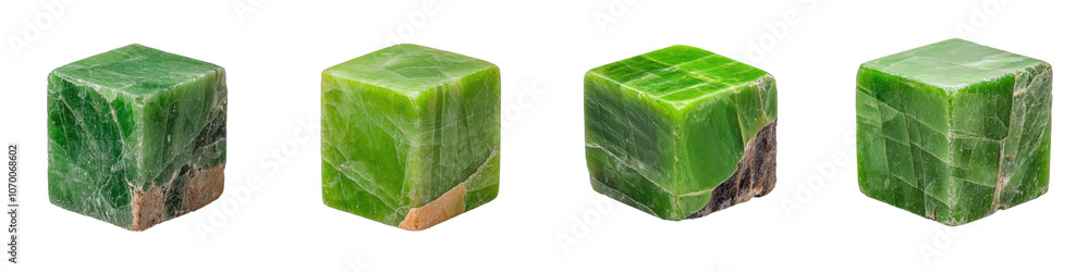 Poster green jade cube with intricate patterns of vibrant green hues and a smooth, polished surface. isolat