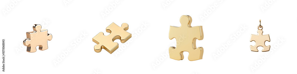Poster an image of a 3d golden puzzle piece, symbolizing unity, unity, and teamwork. it is isolated on a tr