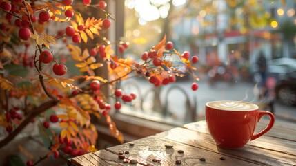 Fototapeta premium Cozy autumn morning with a cup of coffee by the window, surrounded by warm light and colorful fall foliage, ideal for tranquil moments.
