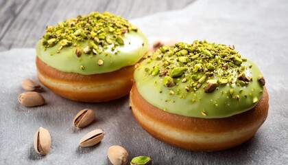 Two pistachio cream filled donuts topped with crushed pistachios, the rich pistachio filling and nutty topping add a delicious touch to these golden, sweet pastries.