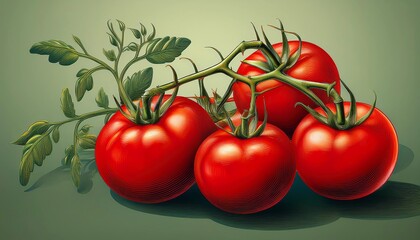 An artistic illustration depicting a group of vibrant red tomatoes attached to a stem, set against a muted green background, capturing the natural essence and freshness of the subject