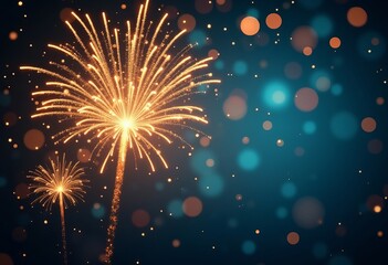 Blue bokeh background with fireworks, festive background for christmas, new year, birthday greeting cards, invitations