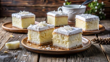 A Beautifully Arranged White Cake with Coconut Topping on a Rustic Wooden Table, Perfect for Celebrations and Sweet Treats, Showcasing the Delicate Layers and Textures of this Dessert