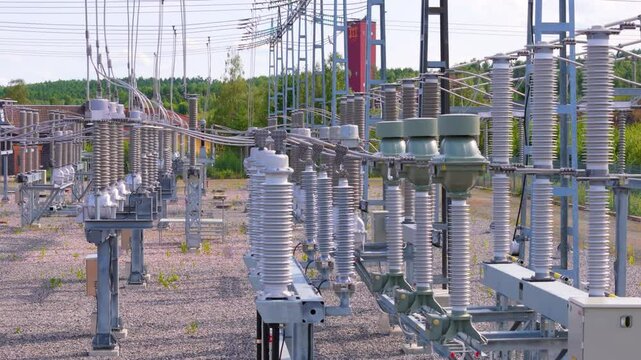 High voltage electrical substation for grid power supply, trucking shot