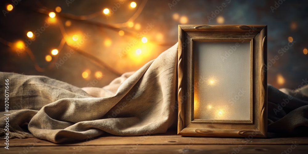 Poster a blank picture frame surrounded by soft fabric and bathed in sunlight, perfect for showcasing memor