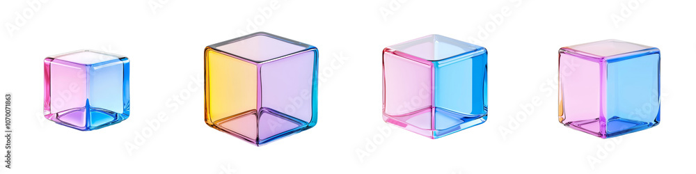 Poster this transparent cube has a smooth geometric design with vibrant holographic colors and reflects lig