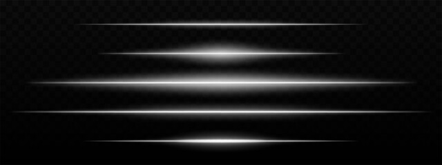 Intense white horizontal light streaks with a glow effect on a dark background. Suitable for futuristic themes, sci-fi effects, or digital transitions.
