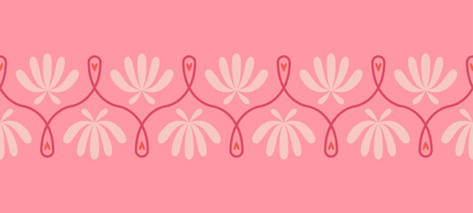 Folk floral seamless horizontal border. Traditional slavic scandinavian ornament with rustic embroidery motifs. Clean flat minimal geometric shapes in unique reflected elegant print.