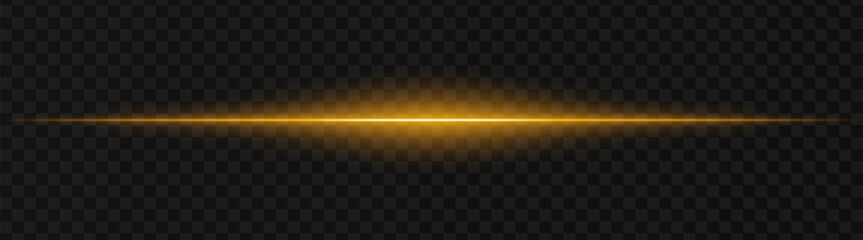 Vibrant gold horizontal light beam on a dark, transparent background, perfect for sci-fi, digital graphics, or neon effects. Reflection, spotlight, wallpaper © Кирилл Макаров