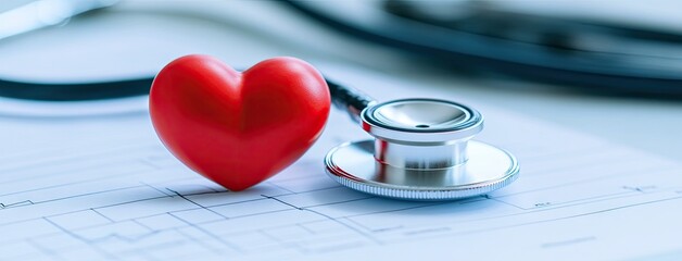 Close-up of a stethoscope and red heart on a medical chart, reflecting a caring approach to patient health in a clinical setting