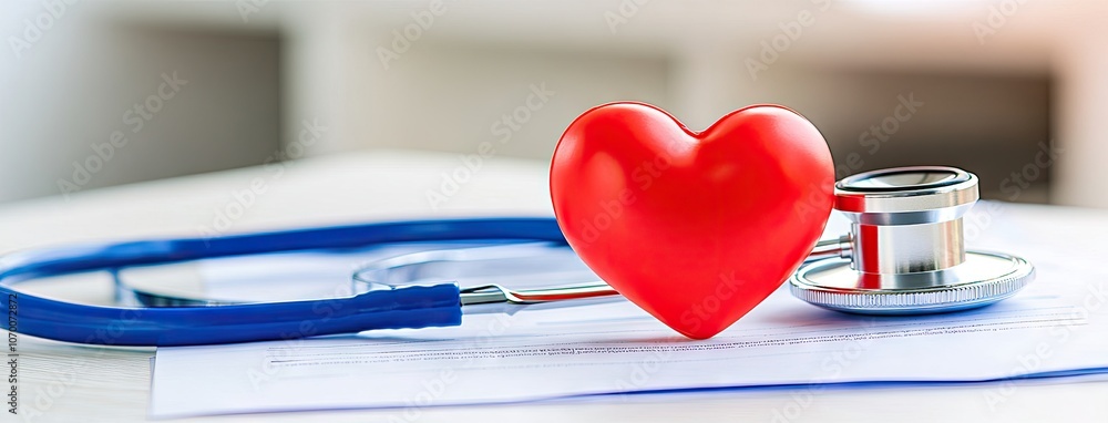 Poster a close-up view of a stethoscope and red heart on a medical chart with empty space for health-relate