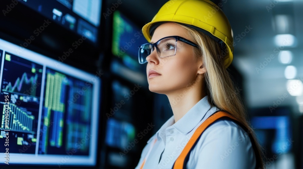 Aufkleber engineer analyzes data in modern control room