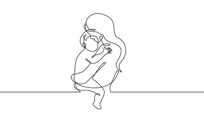 One Continuous Line Drawing of Happy Family Concept. Minimalist Vector Illustration in Simple Linear Style. Continuous One Line Drawing of Mother with Little Baby. Vector Graphic Illustration