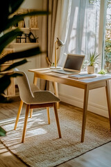 A wooden desk with a laptop and a potted plant