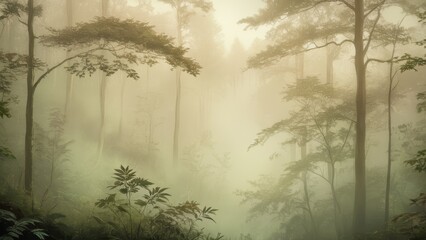 A tranquil forest scene shrouded in mist, showcasing lush greenery and tall trees. Perfect for nature-themed projects and serene backgrounds